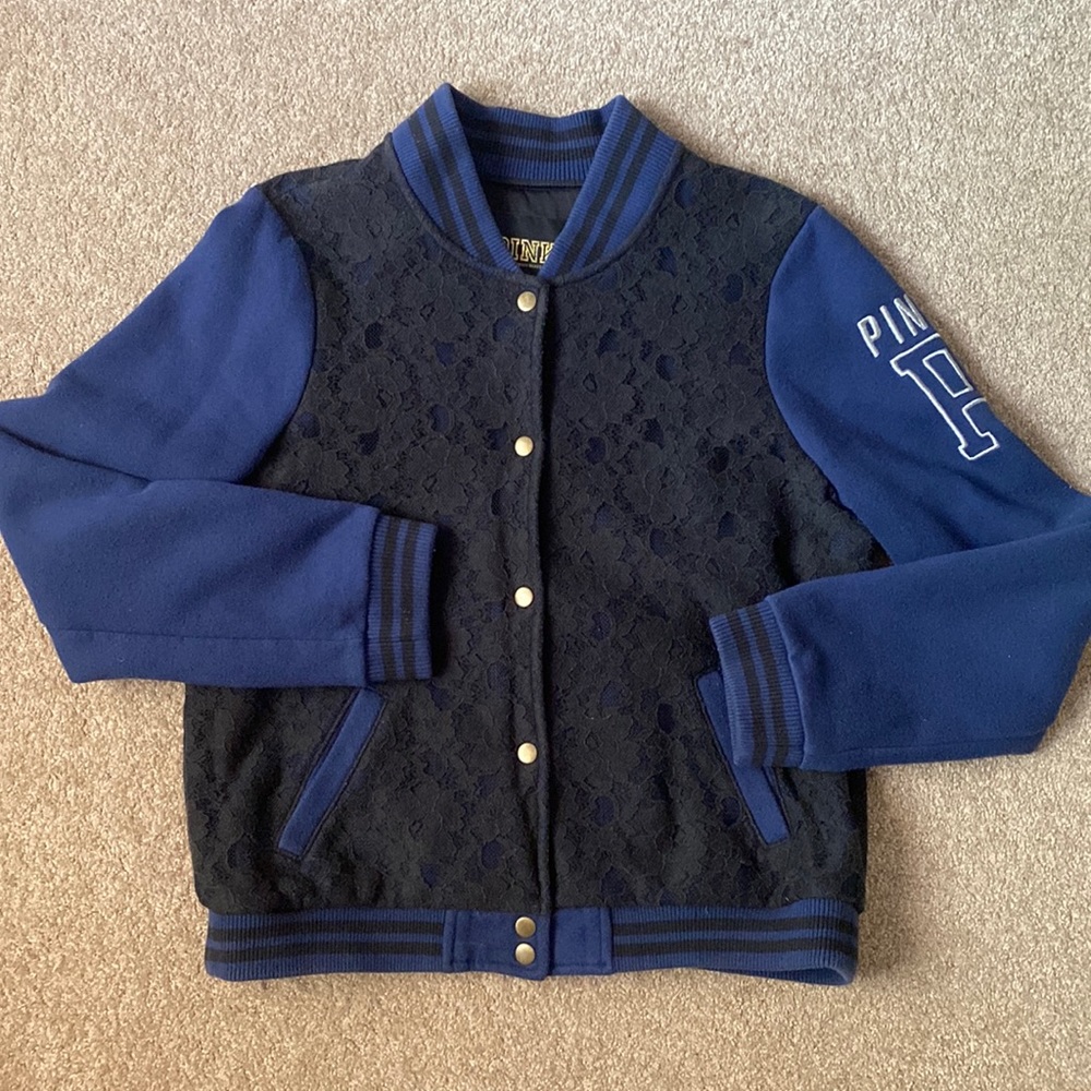 Victoria Secret Pink Vintage Varsity Letterman Jacket Black Lace Blue LARGE GUC